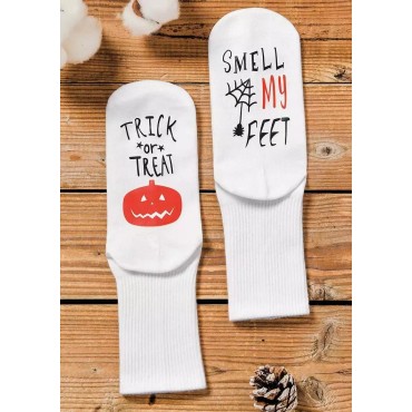 Halloween Trick Or Treat Smell My Feet Pumpkin Face Crew Socks - White