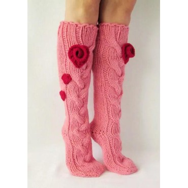 Floral Soft Warm Thigh-High Socks - Pink
