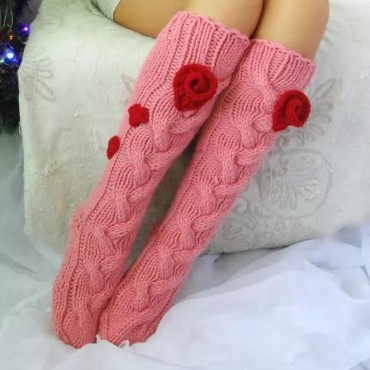 Floral Soft Warm Thigh-High Socks - Pink