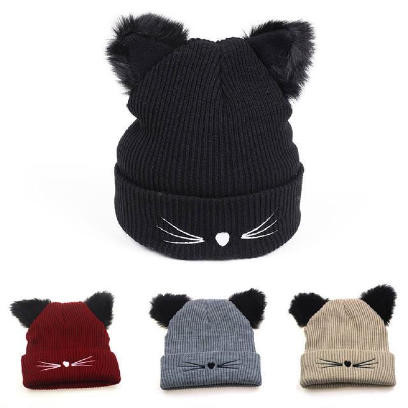 Cotton Cat Shape Thick Knitted Hat Winter Warm Hat Skullies Cap Beanie Hat for Girl and Women