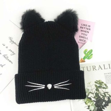 Cotton Cat Shape Thick Knitted Hat Winter Warm Hat Skullies Cap Beanie Hat for Girl and Women