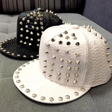 Spiked Rivet Snakeskin Leather  Snapback for Women Men White Black Novelty Baseball Cap Hat