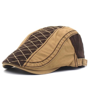 Men’s Hat Unisex Cotton Embroidered Plaid Beret British Retro Stitched Curved Brim Hat