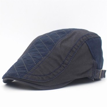 Men’s Hat Unisex Cotton Embroidered Plaid Beret British Retro Stitched Curved Brim Hat