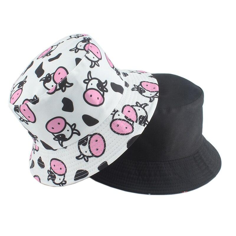 New Cow Print Cute Bucket Hat Reversible Sunscreen Fisherman Hat Summer Panama Sun Hats For Women Men Hip Hop Hat