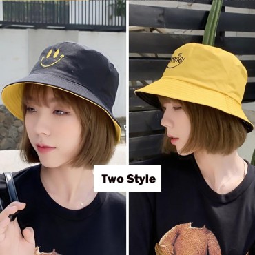 Women Smile Bucket Hat Double Sided Bucket Hat Smiling Face Unisex Fashion Bob Cap Hip Hop Men Summer Cap